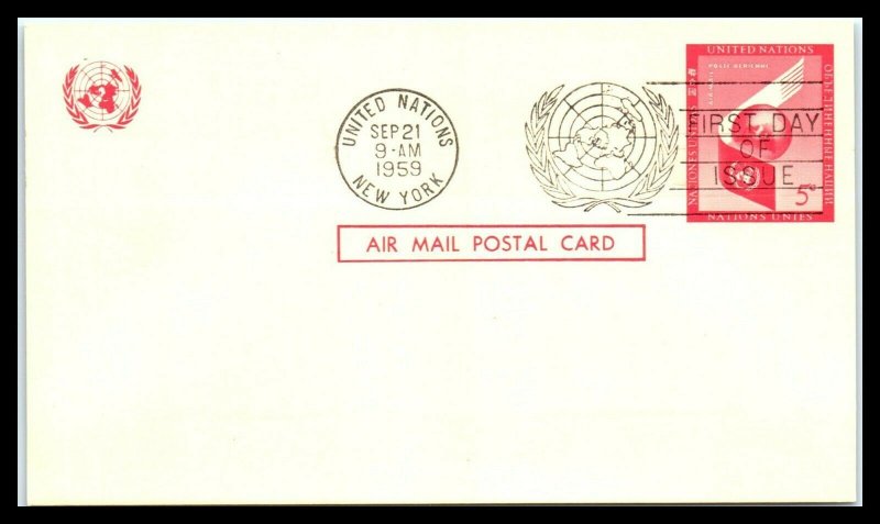 1959 UNITED NATIONS FDC Air Mail Postal Card - New York, UN 5 cent T10 