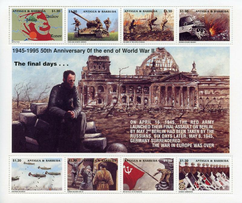 Antigua & Barbuda 1995 MNH WWII WW2 VE Day 8v M/S Military Tanks Aviation Stamps