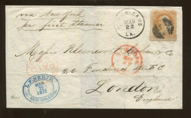 1872 New Orleans to London Via New York by Steamer Postal Cover US Stamp #100