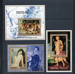 MANAMA 1971 PAINTINGS/NUDES SET OF 3 S/S PERF. & IMPERF. MNH