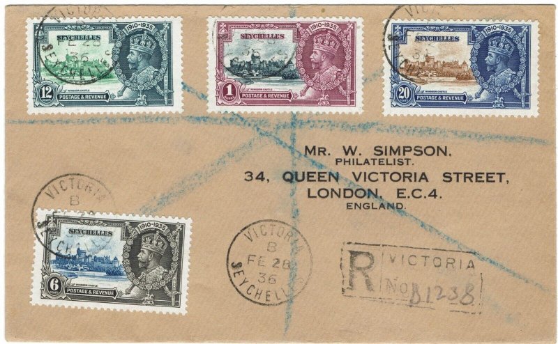 SEYCHELLES 1935 KGV SILVER JUBILEE SET ON REGISTERED COVER TO ENGLAND