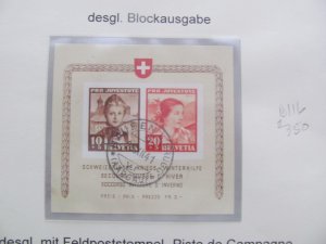 SWITZERLAND 1941 USED CERTIFIED MARCHAND  SC B116 SOUVENIR SHEET XF $350 (188)