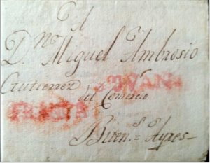 RO) 1815 CHILE, STAMPLESS MARK,SAN JUAN- AND FRANCA IN RED TO BUENOS AIRES ARGE