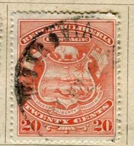 LIBERIA; 1896 early Pictorial issue fine used 20c. value 