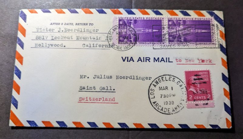 1939 USA Airmail Cover Hollwood CA to St Gallen Switzerland Victor Noerdlinger