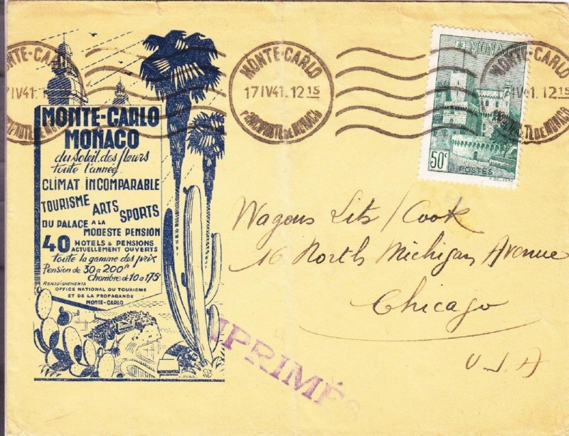 1941, Monte-Carlo, Monaco, Advertising Cover to Chicago, IL, See Remark (23325)