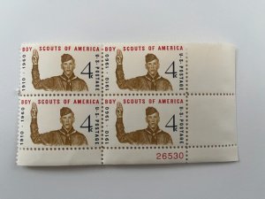 Boy Scouts of America 4c Stamp Plate Block of 4 Stamps Sc#1145 MNH  1960