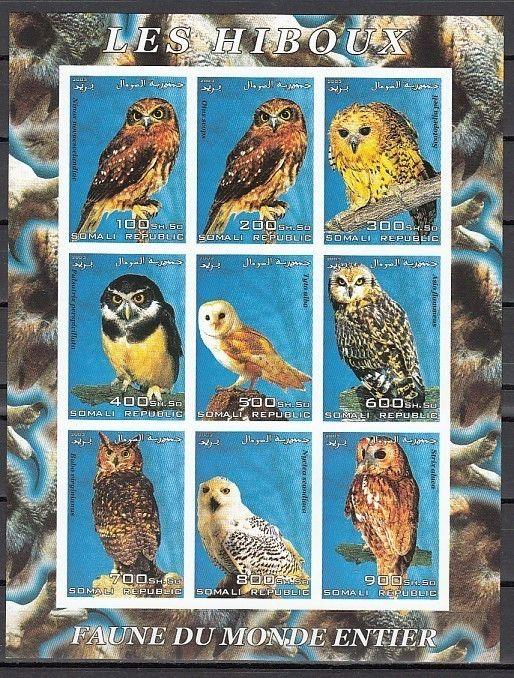 Somali Rep., 2003 issue. Various Owls on an IMPERF sheet of 9. ^