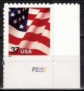 SCOTT  3630  FLAG  37¢  PLATE # SINGLE  MNH  SHERWOOD STAMP