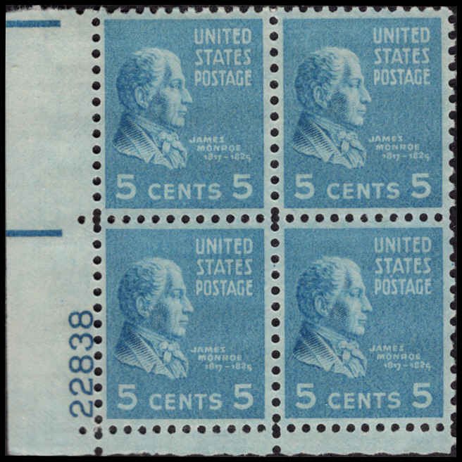 US #810 MONROE MNH LL PLATE BLOCK #22838