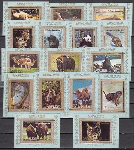 Ajman, Mi cat. 2829-2844 C. Wild Animal values, Blue small s/sheets.