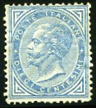 Italy #28 (Sass. 27) Catâ¬1,100, 1877 10c blue, regummed, defective, an a...