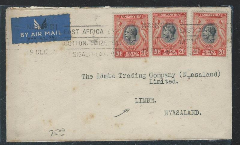 KENYA  UGANDA TANGANYIKA (P2609B) 1936 KGV 20CX3 TO NYASALAND NICE B/S