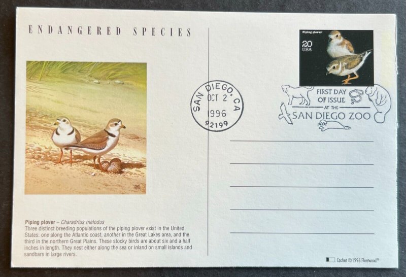ENDANGERED PIPING PLOVER #3105N OCT 2 1996 SAN DIEGO CA FIRST DAY COVER BX3-2