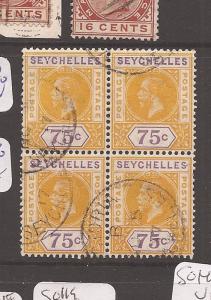 Seychelles 1912 KGV 75c SG 79 block of 4 VFU (2dbl)