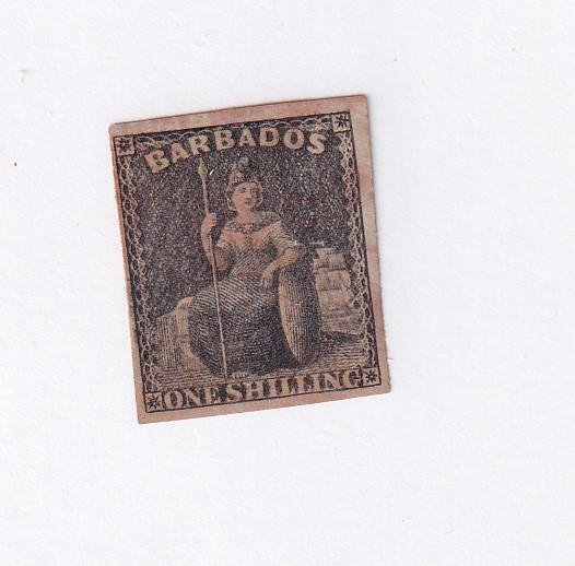 BARBADOS # 9 1sh BRITANNIA MLH/LIGHT USED CAT VALUE $260