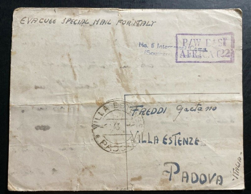 1943 Southern Rhodesia Interment POW Camp 5 Letter Cover To Padova Italy 