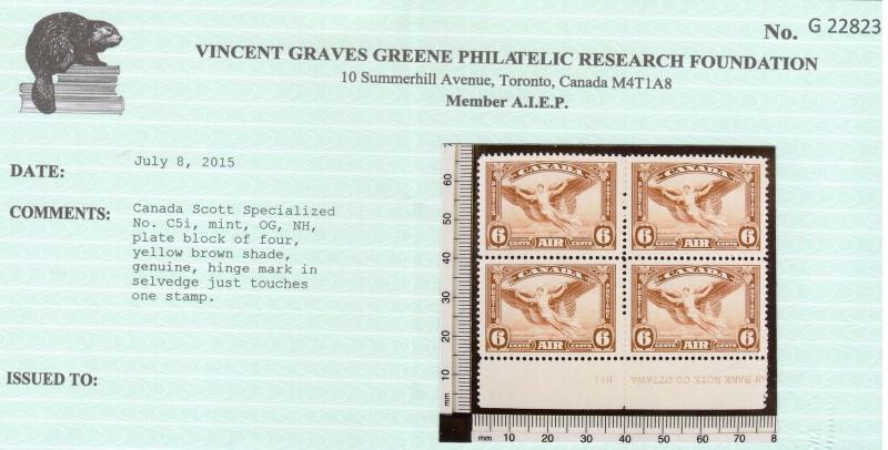 Canada #C5b XF/NH Yellow Brown Block **With Certificate** 