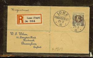 GOLD COAST (P0210B) 1915 UNOVERPRINTED KGV 3D REG FROM LOME, TOGO TO ENGLAND