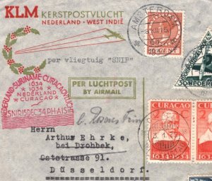 CURACAO-NETHERLANDS Cover *SNIP* 1935 Mixed Franking XMAS DOUBLE FLIGHT  MA239