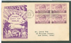 US 782 1936 3c Arkansas Statehood Centennial (block of 4) on an addressed, typed, FDC with a Variety Of Dyer Cachet
