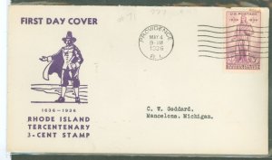 US 777 1936 3c Rhode Island Tercentennary (Roger Williams) on an addressed (typed) FDC with an Imperial cachet