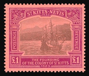 St Kitts-Nevis 1923 Tercentenary £1 black & purple/red superb MNH. SG 60. Sc 64.