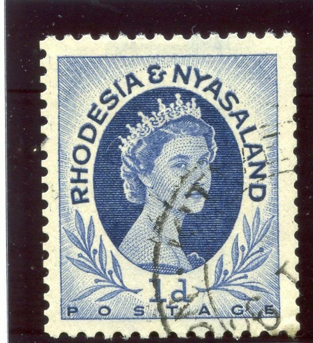 Rhodesia & Nyasaland 1955 QEII 1d deep blue (p12½x14) COIL STAMP VFU. SG 2a.