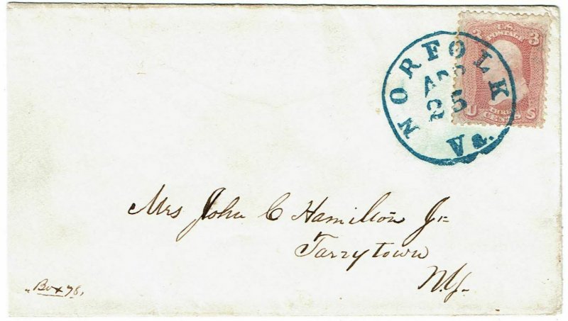 1860's Norfolk, VA cancel in blue on cover, 3c rose pink, Scott 64b, PSE cert