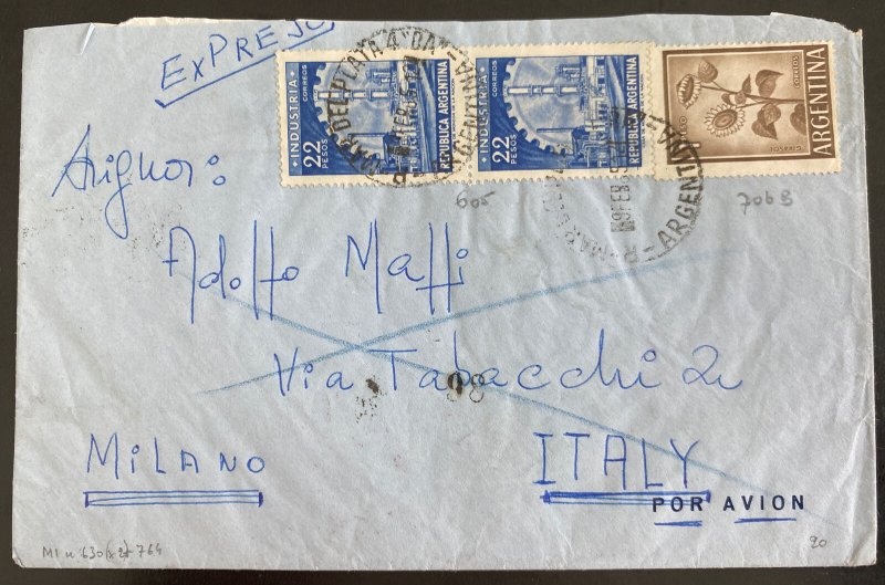 1965 Mar del plata Argentina Airmail Express Cover to Milan Italy