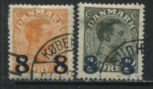 Denmark 1921-22 2 different stamps 7 ore, and 12 ore all overprinted 8 ore used