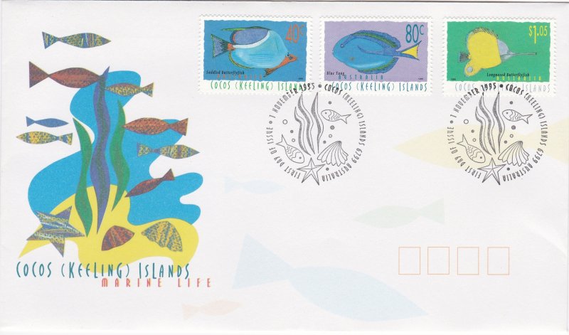 Cocos Islands # 306, 309, 313, Fish, First Day Cover