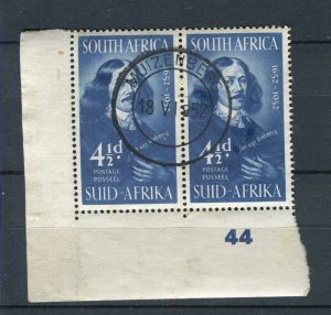 SOUTH AFRICA; 1952 early Van Riebeeck issue 4.5d. used CORNER BLOCK,