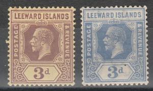 LEEWARD ISLANDS 1921 KGV 3D ON YELLOW AND  3D BLUE WMK MULTI SCRIPT CA