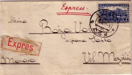 Czechoslovakia 2K Hradcany 1927 Litov Special Delivery to Vel Mezirici.