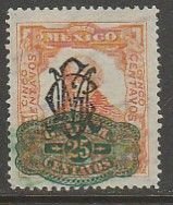 MEXICO 586, 25¢ ON 5¢ VILLA REV MONOGRAM..+ BARRIL SURCHARGE USED. VF. (1269)