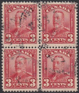 Canada 1928 used Sc 151 3c George V Scroll Block of 4