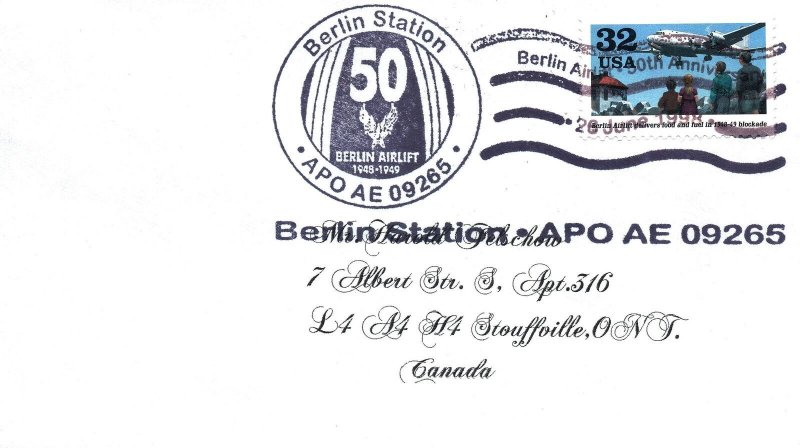 US SPECIAL EVENT POSTMARK COVER 50th ANNIVERSARY OF THE BERLIN AIRLIFT APO 1998