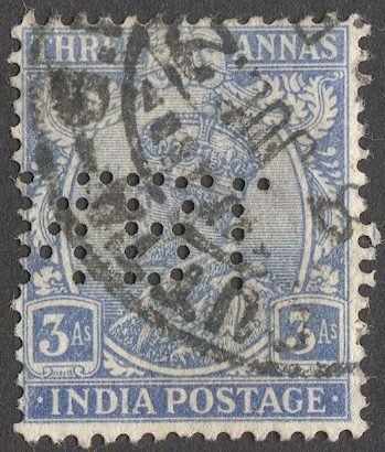 INDIA  Scarce PERFIN 1923, 3a blue, Sc 87, Used, VF, with N.B.I. Perfin