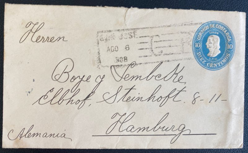 1908 San Jose Costa Rica Postal Stationery Cover To Hamburg Germany 