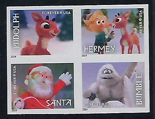 Modern Imperforate Stamps Catalog # 4946 49c Block of 4 Bumble Santa Rudolph Her