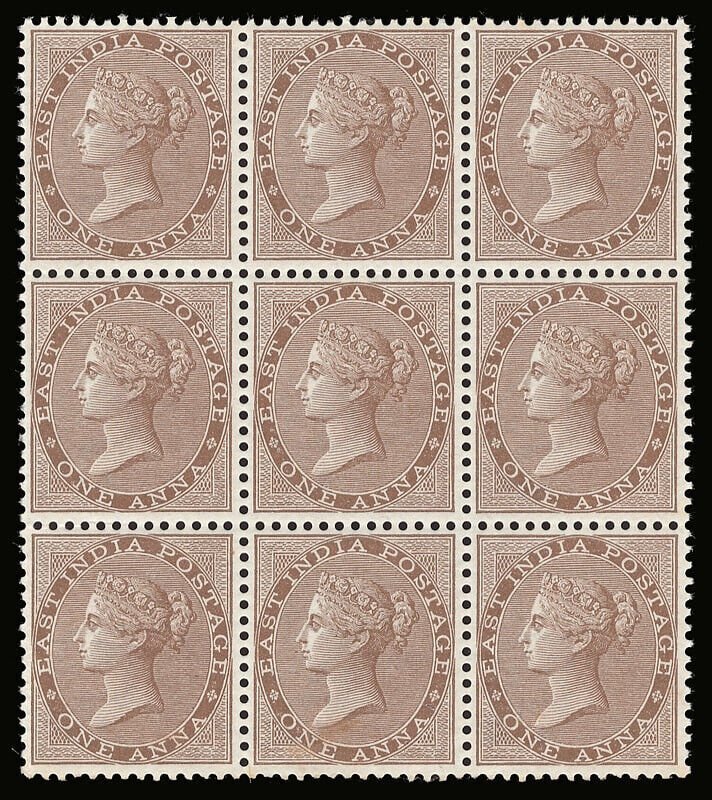 India 1865 QV 1a pale brown Watermark 13 in a block of nine MNH. SG 58.