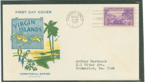 US 802 1937 3c virgin island, territorial series single on an addressed, typed fdc with a pavois cachet