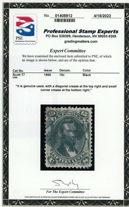 US Stamp #77 Lincoln 15c - PSE Cert - USED (See Description) 