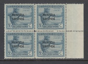 Ruanda Urundi Sc 15 MNH. 1924 50c Archer, sheet margin block of 4, fresh, VF