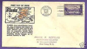 800  ALASKA 3c 1937 AT JUNEAU, PARSON'S/AUBRY FIRST DAY COVER ADD...