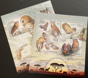 2013 TOGO.  Owls. Wildlife Africa. 2 block sheets (1 HB 1v + 1 HB 4v). NHM-