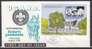 Uganda, Scott cat. 1305. World Scout Jamboree s/sheet on a First day cover. ^