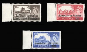 Bahrain #96-98 Cat$36.75, 1955 Surcharges, sheet margin set of three, never h...