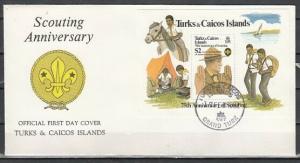 Turks & Caicos, Scott cat. 516. Scout Anniversary s/sheet. First Day Cover.